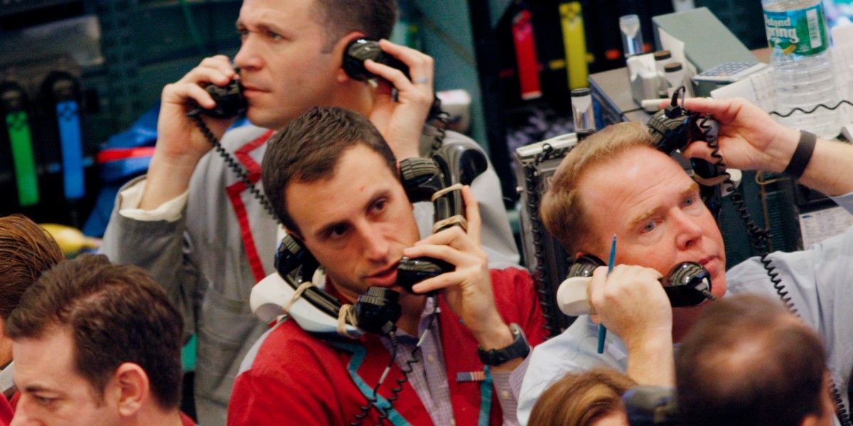 Traders work in the pits at the The New York Mercantile Exchange.