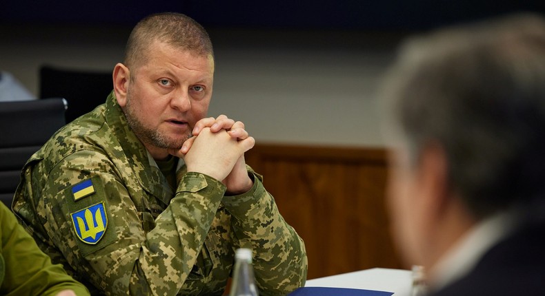 Commander-in-Chief of the Armed Forces of Ukraine Valerii Zaluzhnyi attends a meeting with Ukraine's President Volodymyr Zelenskyy, US Secretary of State Antony Blinken and US Defense Secretary Lloyd Austin in Kyiv, Ukraine, on April 24, 2022.Ukrainian Presidential Press Service/Handout via REUTERS