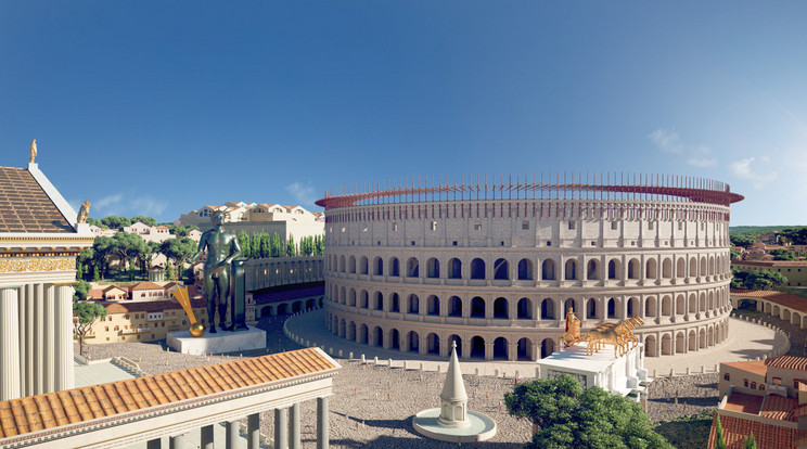Így nézett ki a Colosseum teljes pompájával. A történészek és számítógépes szakemberek hosszú éveken át tartó munkájával virtuálisan rekonstruálták az ókori Róma több ezer épületét, s így ma szabadon bejárható az egykor káprázatos birodalmi főváros. Ráadásul pár napig a túrázás ingyenes. / Fotó: Flyover Zone