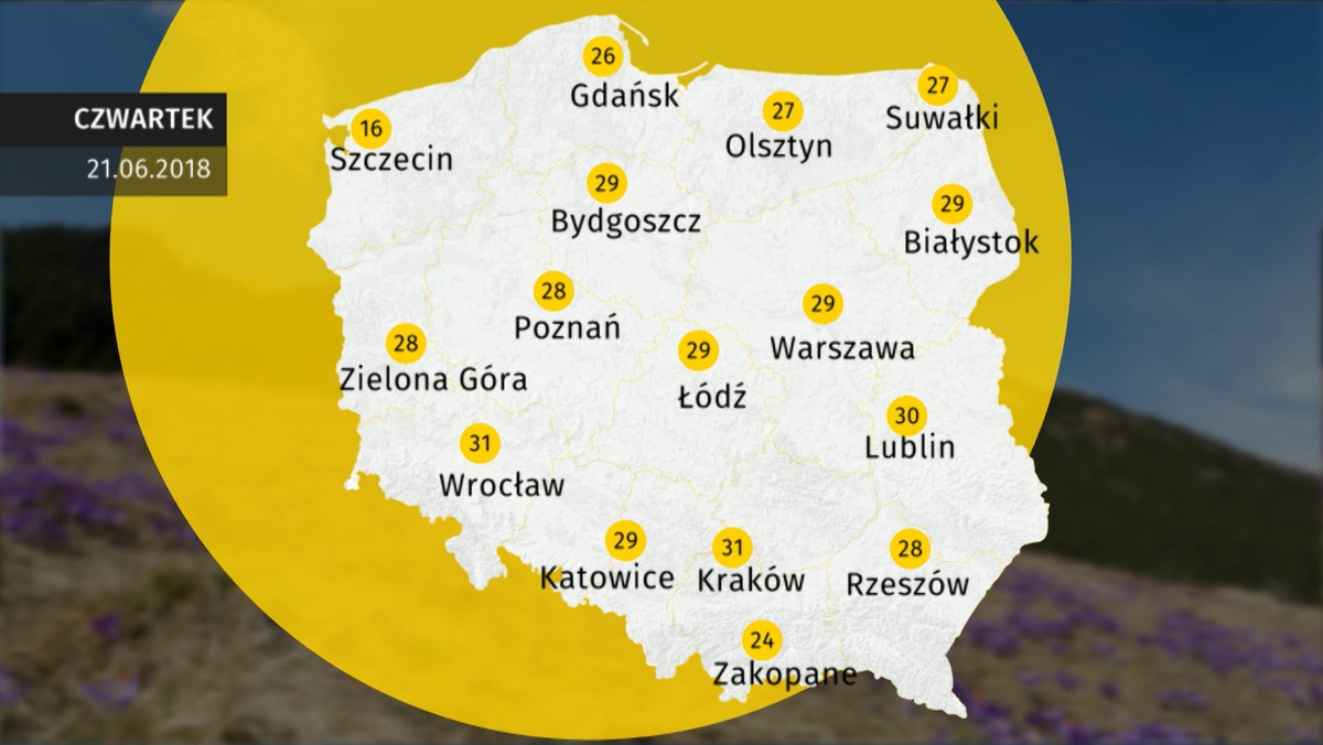 W czwartek, 21 czerwca Polska dostanie się pod wpływ niżu znad Bałtyku. Z północnego zachodu w głąb kraju będzie przemieszczał się chłodny front atmosferyczny, który przyniesie przelotne opady deszczu oraz miejscami gwałtowne burze z intensywnym deszczem, lokalnie gradem oraz silnymi porywami wiatru.