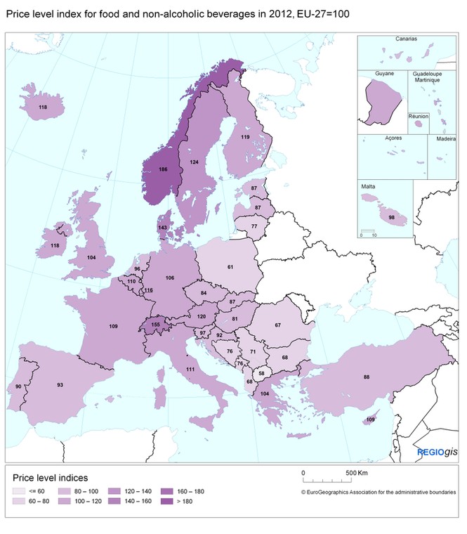 Ceny żywności w krajach Europy w porównaniu do średniej unijnej - dane za 2012 rok, źródło: Eurostat