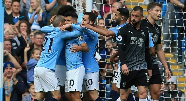 Manchester City celebrate Sergio Aguero's goal against Burnley