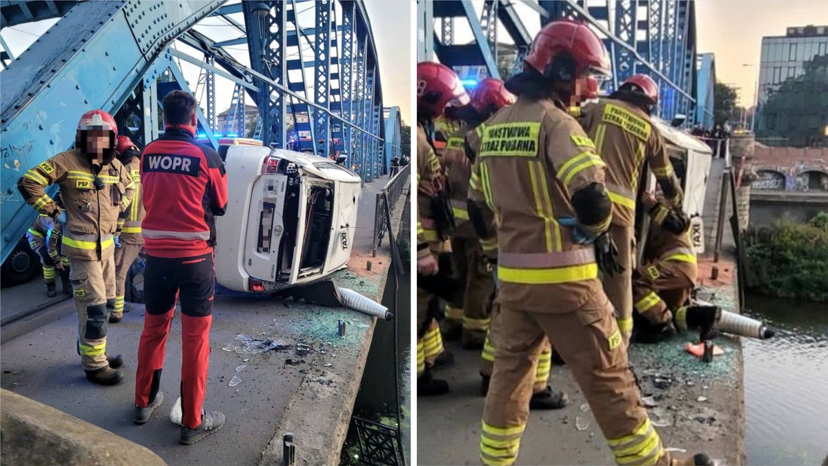 Groźny wypadek we Wrocławiu. "Samochód wisi kilka metrów nad Odrą"