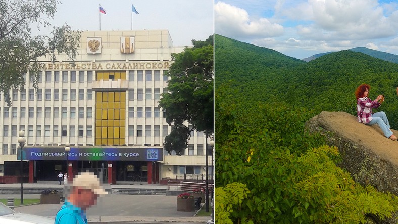 El polaco viajó al Lejano Oriente de Rusia.  A la izquierda, el centro de Yuzhno-Sakhalinsk, a la derecha "lagoska"