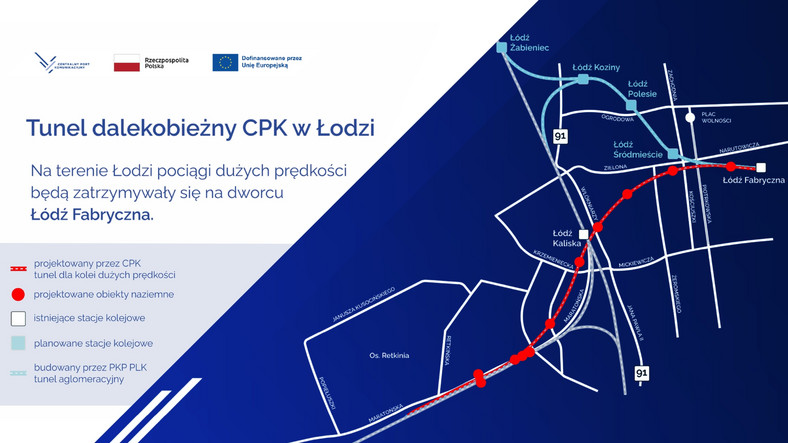 Mapa przebiegu tunelu KDP pod Łodzią. Spółka CPK zdobyła już pozwolenie na jego budowę i trwają prace przygotowawcze (pod tym miastem będą zatem przebiegać dwa podziemne tunele kolejowe, bo drążony jest już tzw. tunel aglomeracyjny dla pociągów wolniejszych od KDP, czyli tzw. łódzkie metro) – fot. spółka CPK