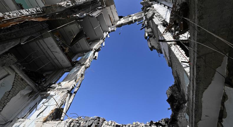 This photograph taken on June 10, 2022, shows the regional government building destroyed by a Russian missile strike in March 2022, in the southern Ukrainian city of Mykolaiv, amid the Russian invasion of Ukraine.