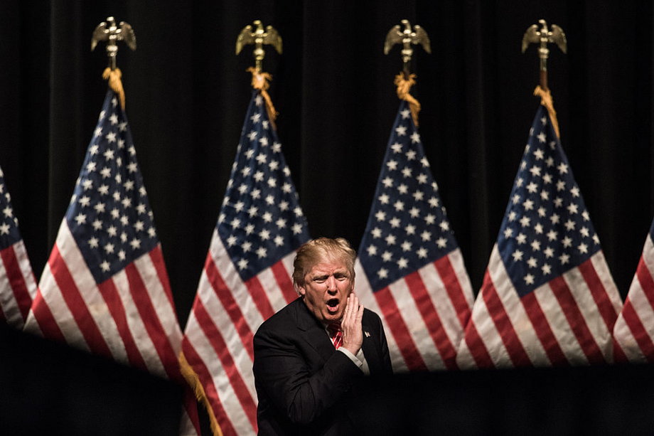 Republican presidential candidate Donald Trump yells into the crowd at the conclusion of a campaign rally at Lenoir-Rhyne University March 14, 2016, in Hickory, North Carolina.