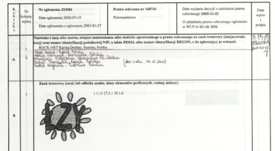 Skan rejestru prawa ochronnego na znak towarowy, zapisany na wszystkich członków grupy Łzy z wyjątkiem Ani Wyszkoni