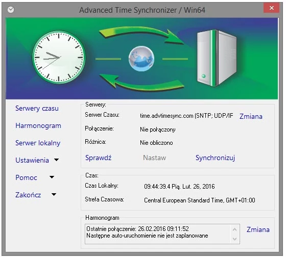 Główne okno programu do synchronizacji czasu komputera z internetem - Advanced Time Synchonizer