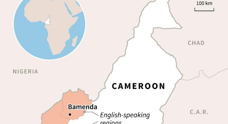 Map of Cameroon locating English-speaking regions and their capitals, Bamenda and Buea.