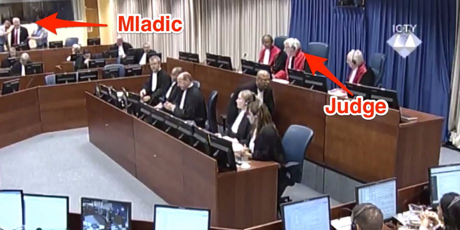 Ratko Mladić and judge Alphons Orie during the disrupted hearing at The Hague in the Netherlands.