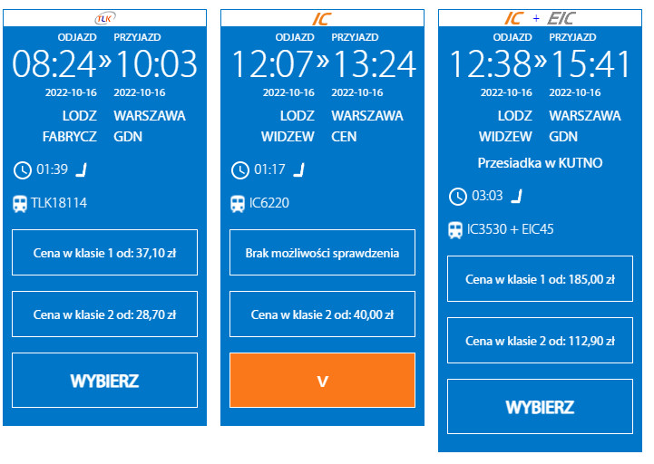 Ceny biletów widoczne w systemie internetowej sprzedaży biletów PKP