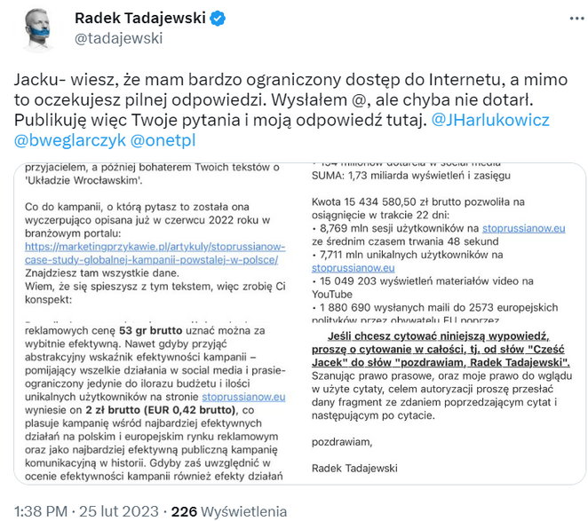 Oświadczenie Radosława Tadajewskiego zamieszczone na Twitterze 
