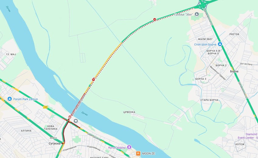 Zatvoren Pupinov most u smeru ka Borči