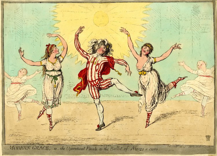 Charles Didelot (w środku) tańczy w Alonzo e Caro (1796 r.)