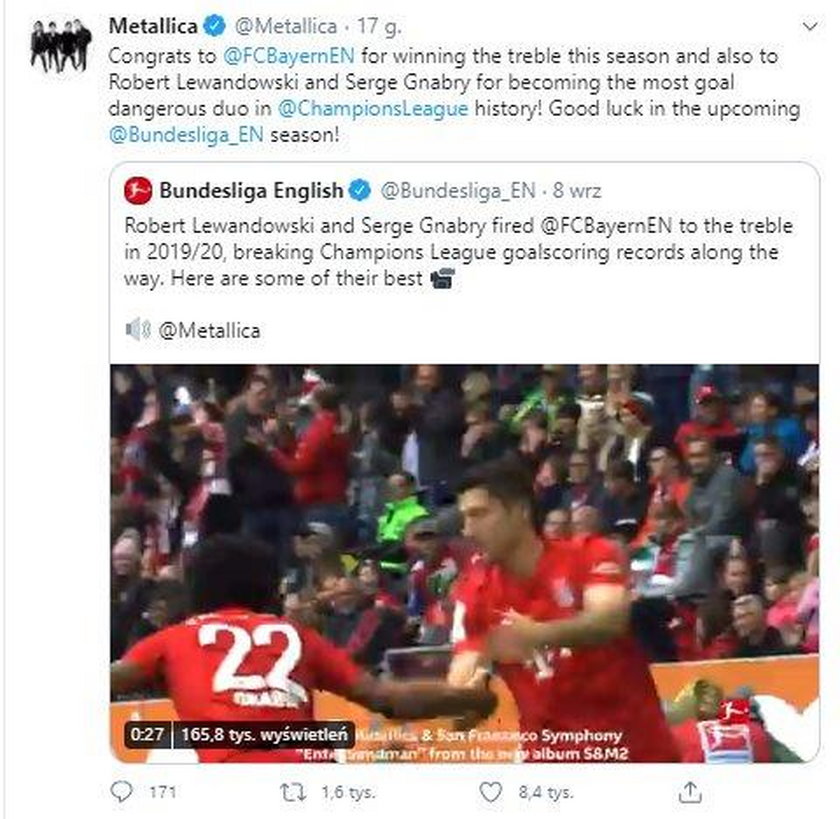 Metallica złożyła gratulacje Robertowi Lewandowskiemu