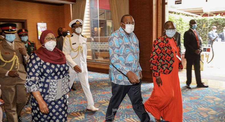 President Uhuru Kenyatta with Tanzanian President Samia Suluhu and Trade CS Betty Maina