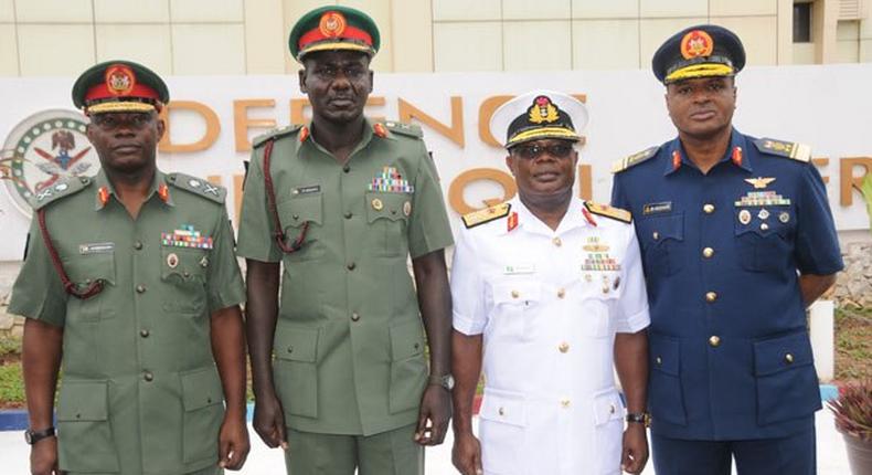 L-R: Chief of Defence Staff, General Abayomi Gabriel Olonisakin; Chief of Army Staff; Lieutenant General Tukur Buratai; Chief of Naval Staff, Admiral Ibik–Eke Ibns; and Chief of Air Staff, Air Marshal Sadique Abubakar