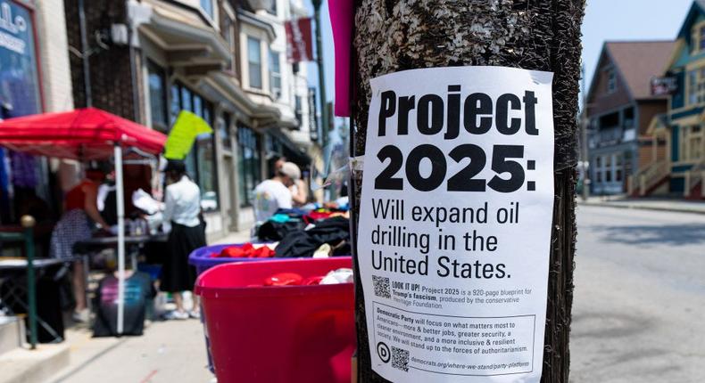 Fliers in Milwaukee about Project 2025, a conservative playbook written by the Heritage Foundation.Bill Clark/CQ-Roll Call, Inc via Getty Images