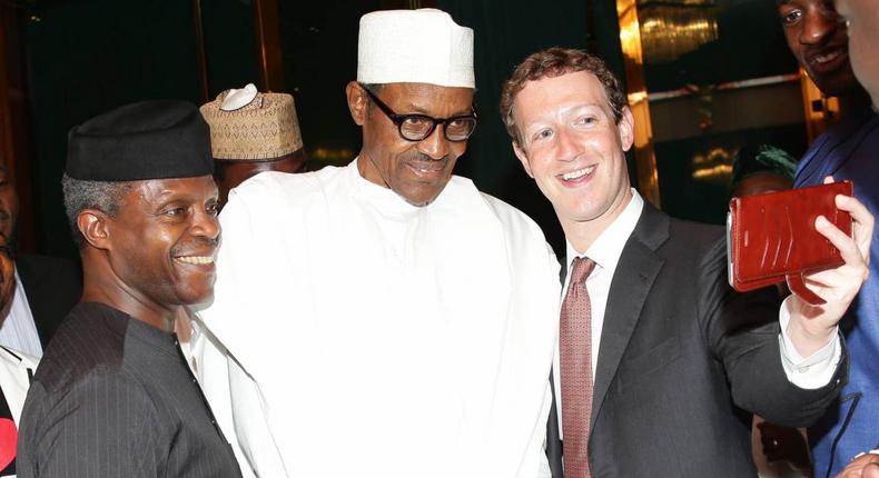 Vice President 'Yemi Osinbajo (L), President Muhammadu Buhari (M) and Facebook Founder and CEO Mark Zuckerberg (R) taking a selfie