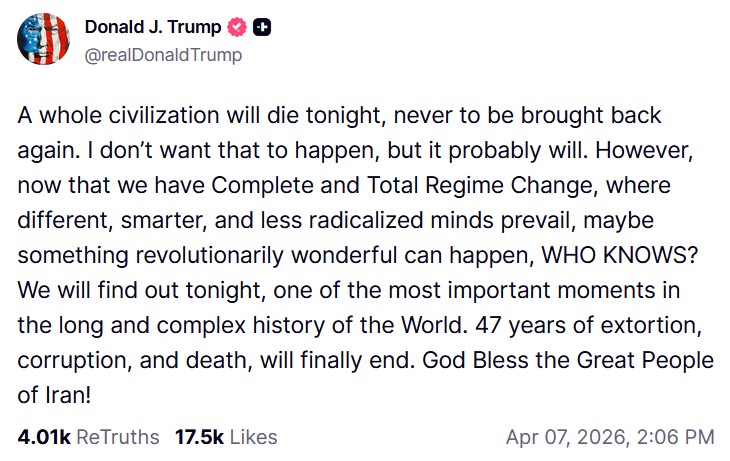 Wpis Donalda Trumpa na platformie Truth Social