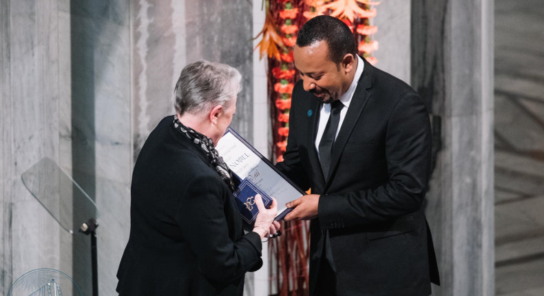 Ethiopia PM Abiy Ahmed receiving his nobel prize award.