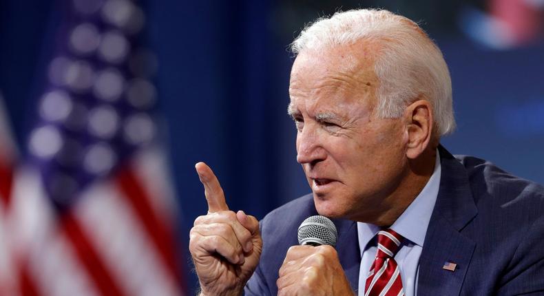 FILE PHOTO: U.S. Democratic presidential candidate and former U.S. Vice President Joe Biden speaks during a forum held by gun safety organizations the Giffords group and March For Our Lives in Las Vegas, Nevada, U.S. October 2, 2019.  REUTERS/Steve Marcus/File Photo