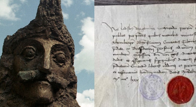 A statue of Vlad the Impaler shown next a letter written by him in 1457. Scientists think traces of proteins found on the letter point to the ruler having had a condition that could mean he shed tears of blood.David Greedy/Getty Images; Pittal MGG. et al, Analytical Chemistry, 2023, DOI: 10.1021/acs.analchem.3c01461/Insider.