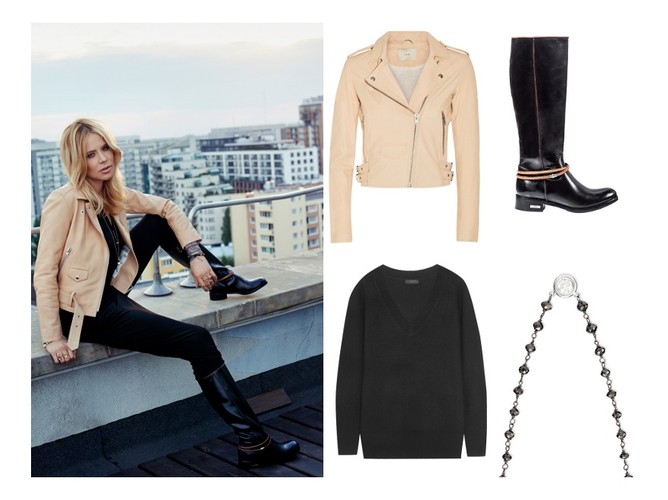 Skórzana kurtka typu biker od IRO, kaszmirowy sweter J. Crew, kozaki Carinii z paskami w kostce, naszyjnik Rina Limor