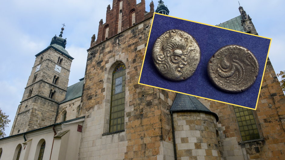 Na zdjęciu celtycka moneta z Amoryki i kościół św. Marcina w Opatowie