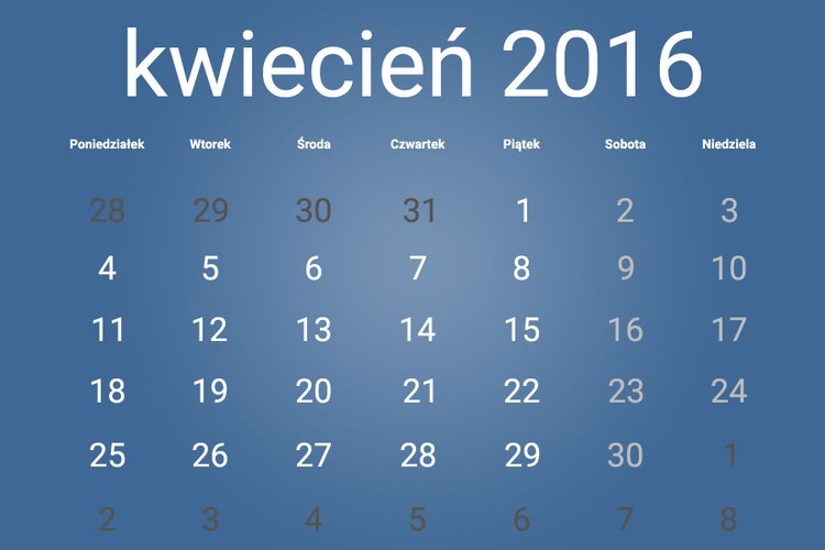 W kwietniu 2016 nie przypadają żadne dni wolne od pracy.