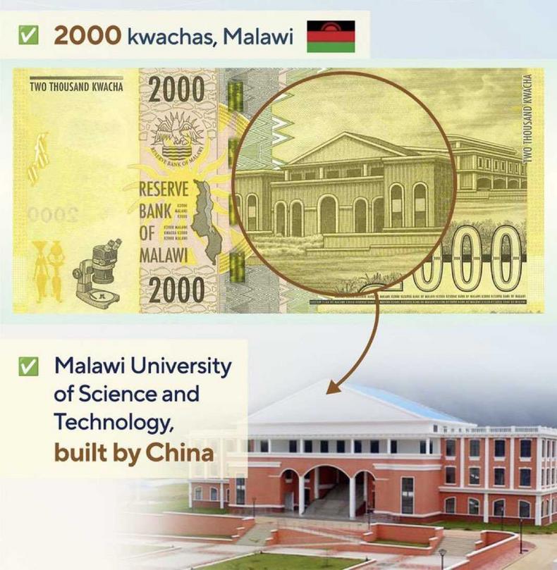 African currencies with photos of Chinese projects