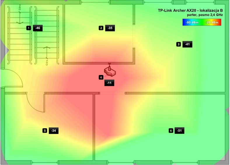 TP-Link Archer AX20: zasięg w domu testowym, parter, sieć 2,4 GHz