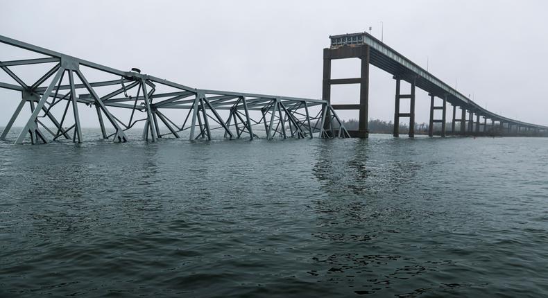 Part of the collapsed Francis Scott Key Bridge in Baltimore.AP Photo/Julia Nikhinson