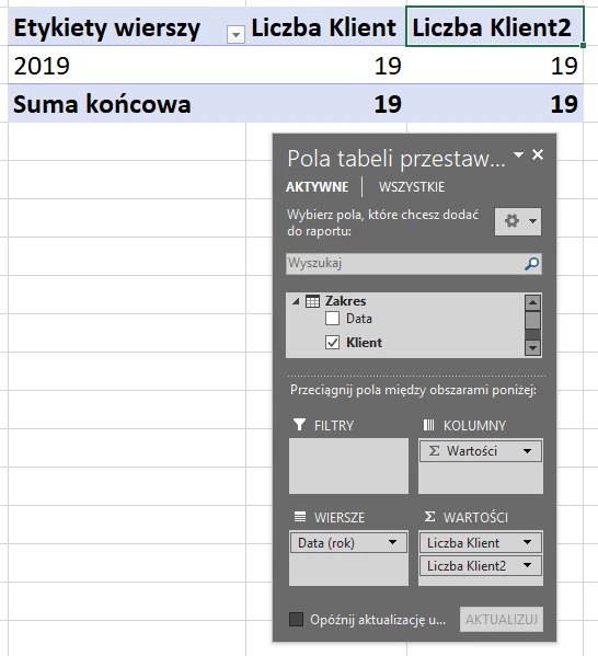 2.14  Przeciągnięte pola do odpowiednich obszarów tabeli przestawnej