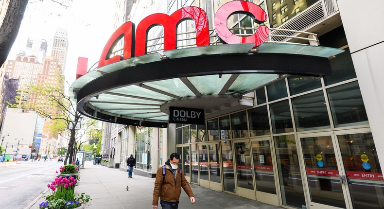 A view outside AMC 34th Street 14 movie theater during the coronavirus pandemic on May 14, 2020 in New York City.
