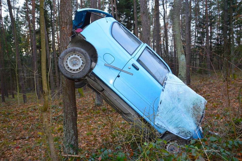 Lubelskie: Fiat zawisł na drzewie w Hutkach. Za kierownicą 86-latka