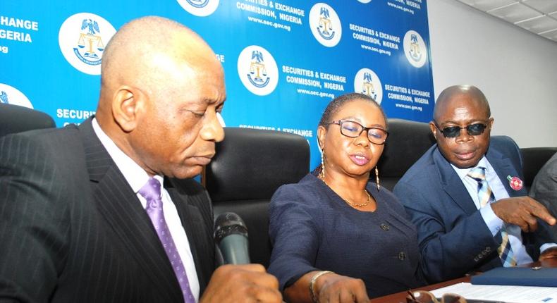 File photo - SEC management during a press briefing in Abuja (SEC)