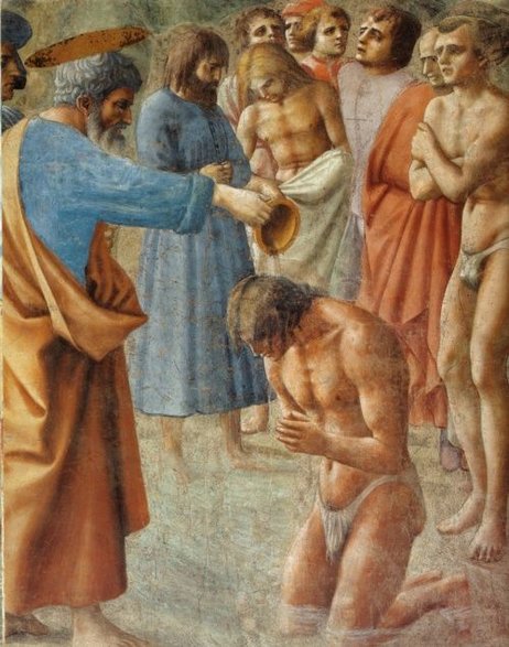 Chrzest neofitów. Masaccio, fresk w kaplicy Santa Maria del Carmine we Florencji