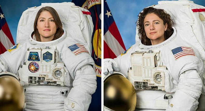 Christina Koch (left) is leading Jessica Meir, , who is making her first ever spacewalk