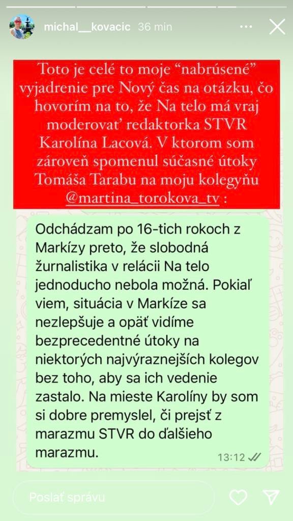 Kovačič poslal Lacovej odkaz.