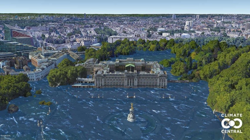 Da li ova poznata zgrada izgleda poznato? Trebalo bi, to je Bakingemska palata u Londonu, Međutim, okolina izgleda malo... drugačije. Do 2050, ako se ništa ne učini da se ograniči globalno zagrevanje, ova fotografija bi mogla postati stvarna.