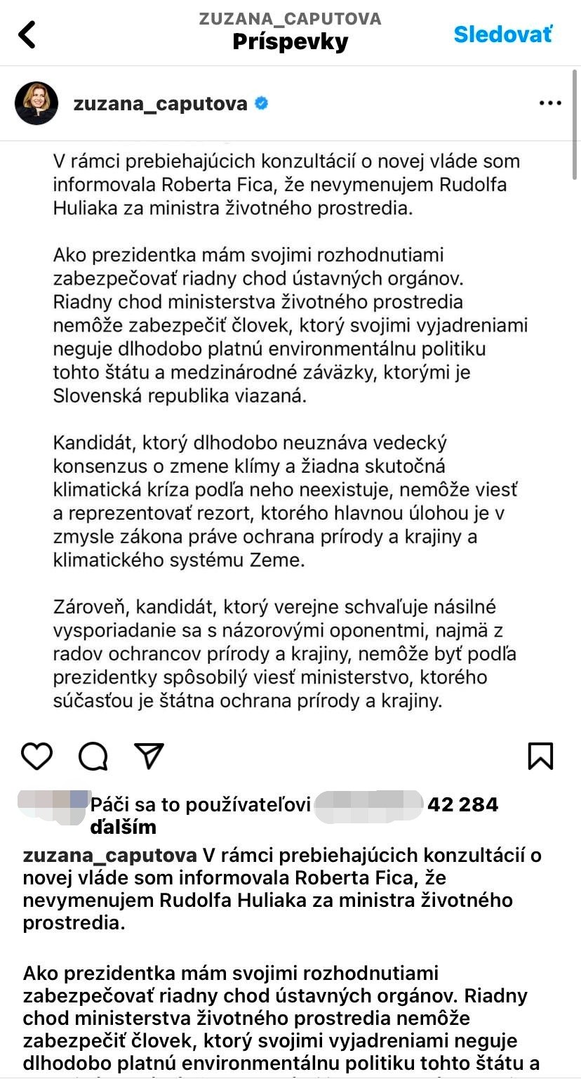 Jackuliak reagoval na príspevok Čaputovej.