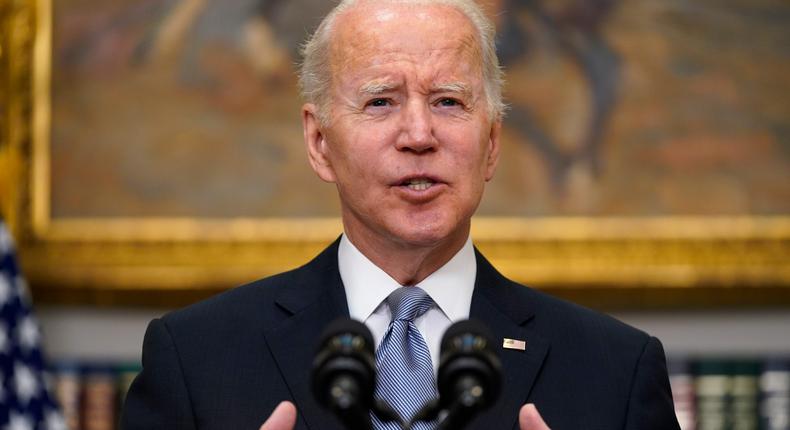 President Joe Biden delivers remarks on the Russian invasion of Ukraine, in the Roosevelt Room of the White House, Thursday, April 21, 2022, in Washington.