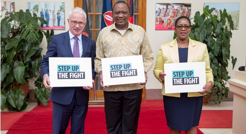 File image of President Uhuru Kenyatta with Global Fund Executive Director Peter Sands and CS Sicily Kariuki