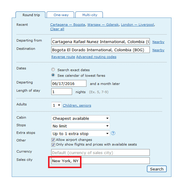 Lot z Cartageny do Bogoty. Miejsce, z którego kupujemy bilety: Nowy Jork