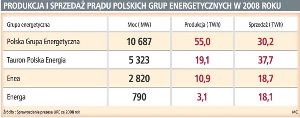 Produkcja i sprzedaż prądu polskich grup energetycznych w 2008 roku