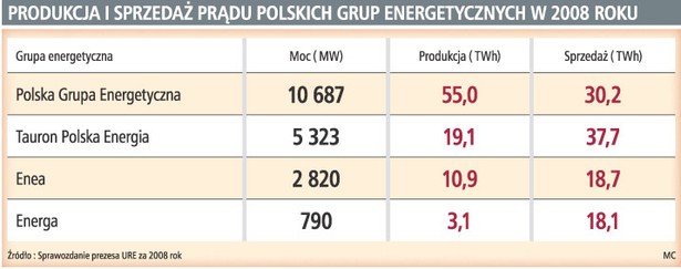 Produkcja i sprzedaż prądu polskich grup energetycznych w 2008 roku