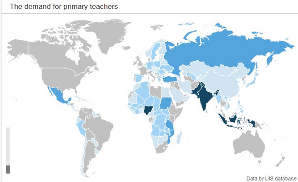 Zapotrzebowanie na nauczycieli w szkołach podstawowych, źródło: ONZ