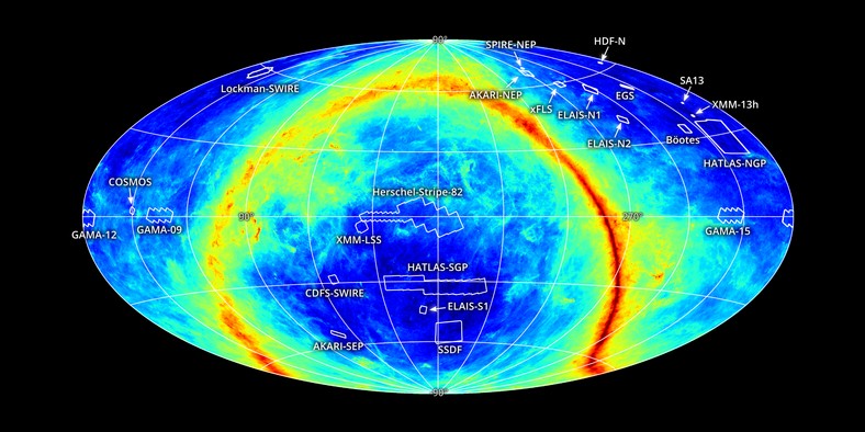 Mapa nieba z przeglądu HELP - The Herschel Extragalactic Legacy Project, (HELP) Na górze po prawej możemy odnaleźć obszar Elais-N1